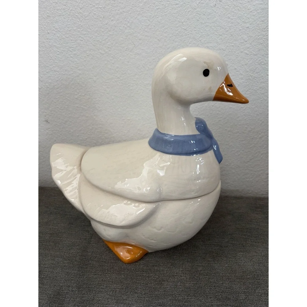 VTG Mother Goose Ceramic Cookie Jar Blue Bow Orange Feet Farmhouse Cottagecore